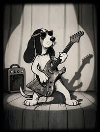 Basset Hound – Rockstar-Gitarrist – Retro-Kunst in Schwarz-Weiß