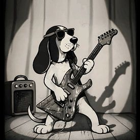 Basset Hound – Rockstar-Gitarrist – Retro-Kunst in Schwarz-Weiß von Ramy Salah Hefny
