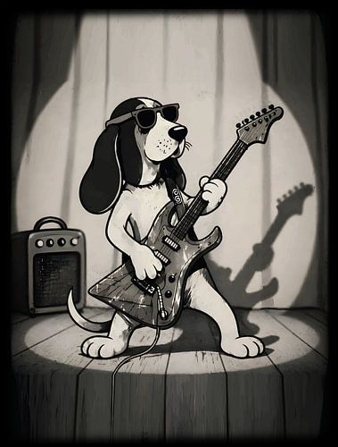 Basset Hound: rockgitarist – retro zwart-witillustratie