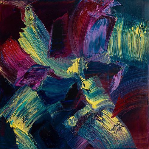 Abstract olieverf schilderij,  blauw, geel, rood, oranje en groen van BowiScapes abstract en digitale kunst