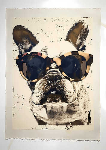 Franse buldog met retro-zonnebril – Grappig hondenportret in vintage zeefdrukstijl