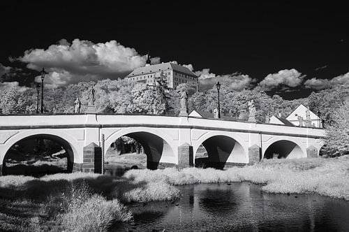 Ethreal Riverside met historische barokke brug en kerk voor een klassieke inrichting van de woonkamer