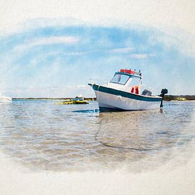 white boat on sand in watercolour by Youri Mahieu