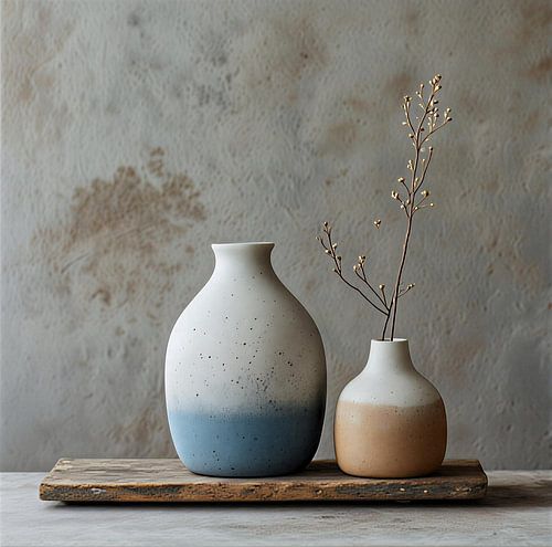 A still life depicting two vases with a sprig inside, standing on a small wooden board. by Studio Jet