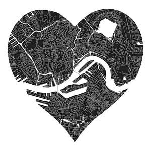 Rotterdam Noord en Zuid | Stadskaart in een hart | Zwartwit van WereldkaartenShop