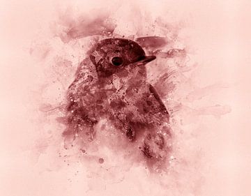 Roodborstje, Aquarel van een vogel in rood, roestbruin en roze van MadameRuiz