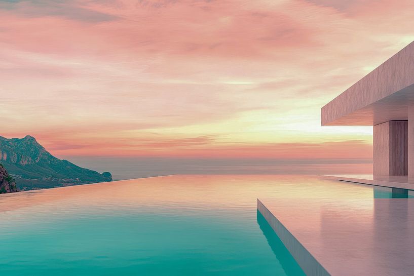 Sunset, infinity pool with sea view, minimalism -  by BowiScapes abstract and digital art