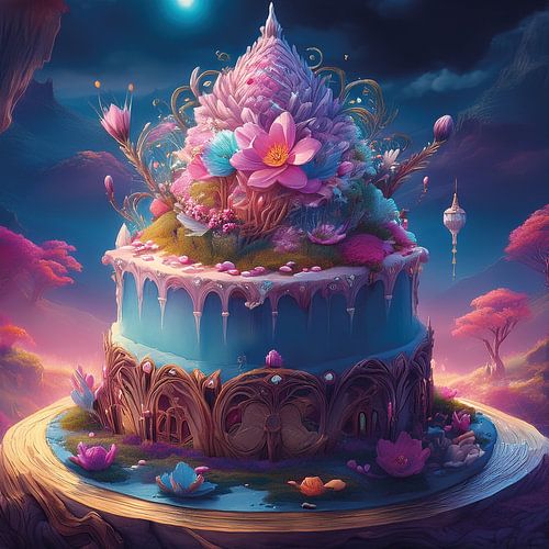 Een kleurrijke fantasie taart als kunstwerk in roze en blauw