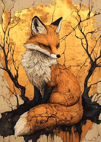 De majestueuze vos van Kintsugi voor een gouden achtergrond