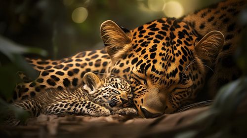 Leopard and Cub Resting Together
