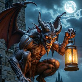 UMBRAFER – Der Gargoyle mit einer Laterne auf der Mauer von INFERAURUM