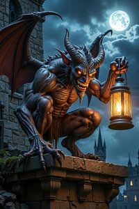 Dark Fantasy Wandbild: UMBRAFER – Der Gargoyle mit einer Laterne auf der Mauer