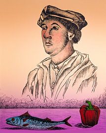 Mann mit Fisch und Paprika