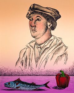 Homme avec du poisson et des poivrons