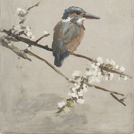 Stiller Eisvogel auf Blütenzweig in sanften Tönen von But First Framing