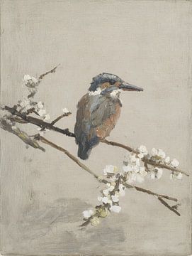 Stiller Eisvogel auf Blütenzweig in sanften Tönen