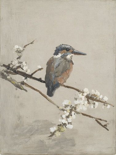 Martin-pêcheur silencieux sur une branche fleurie dans des tons doux