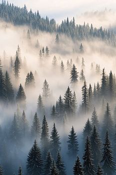 Mysterieus mistig dennenbos