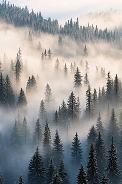 Mysterieus mistig dennenbos