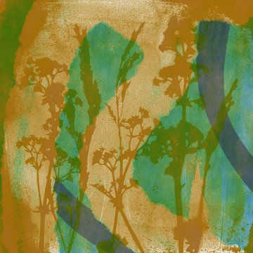Abstracte botanische kunst in retro vibes en pastelkleuren. Bloemen in bruin en groen van Dina Dankers