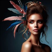 portrait puissant d'une femme avec des plumes dans les cheveux