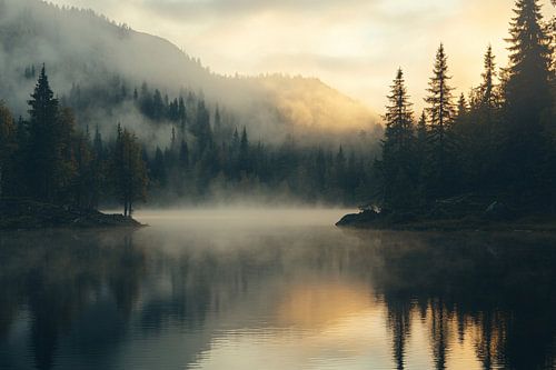 Mistig bos bij zonsopkomst