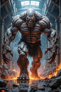 Dark Fantasy Wandbild: MALGORATH – Der gewaltige Dämon in einer Lagerhalle