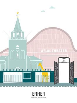 Skyline illustratie stad Emmen in kleur