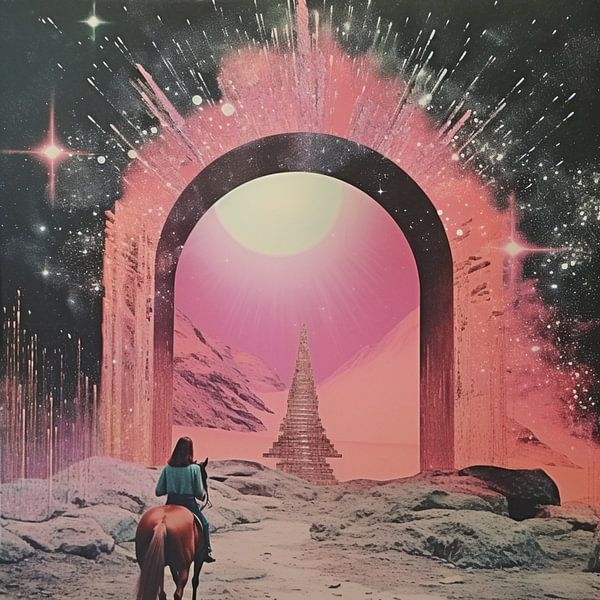 A Rider on Horse Approaching a Celestial Gateway by Samantha Hearn