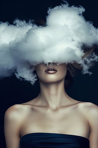 vrouw met hoofd in de wolken
