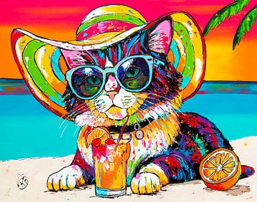 Strand chilling Kat: Zomerse Ontspanning van Happy Paintings