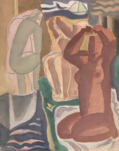 Twee badende vrouwen en een rugfiguur, Leo Gestel