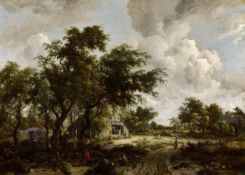 Dorp met watermolen tussen bomen, Meindert Hobbema