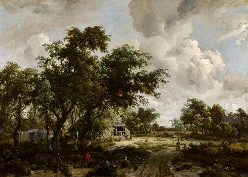 Dorp met watermolen tussen bomen, Meindert Hobbema van Meesterlijcke Meesters