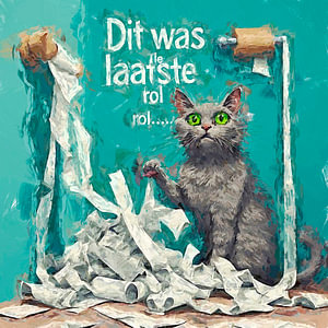 Ein Vintage-Kunstplakat mit einer grauen Katze auf der Toilette.