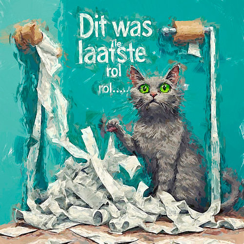Ein Vintage-Kunstplakat mit einer grauen Katze auf der Toilette. von J.a Dijkstra