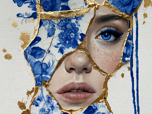 Portrait de femme aux couleurs du bleu de Delft et de l'or