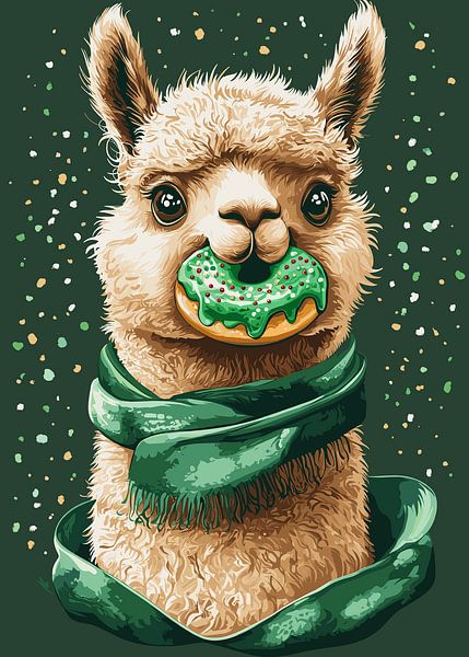 Llama with green donut and matching scarf by Pixelbull Design
