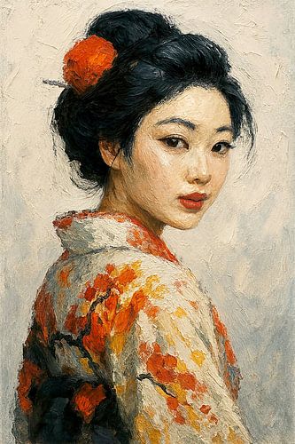 Stilte in zijde (Geisha, portret, vrouw, kimono, acrylverf, Japans, schilderij)