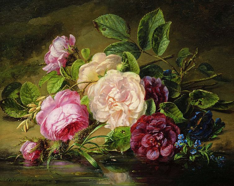 Adriana Johanna Haanen,Nature morte de roses au bord d'une rivière par finemasterpiece