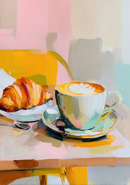 Koffie en croissant - Pastel aquarel van Niklas Maximilian