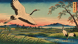 Paysage japonais ancien avec des grues en vol sur my pixel art