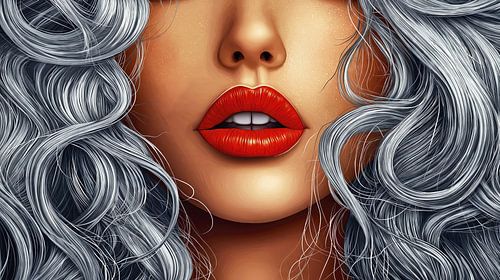 Vrouw met grijs haar en rode lippenstift