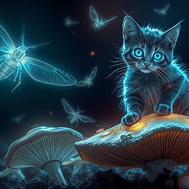 Cat on a mushroom by Linda de Klein