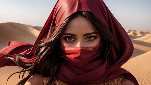 Yanara – Mystiek Vrouwenportret met Rode Woestijnsjaal | Sahara Kunst in Warme Aardetinten