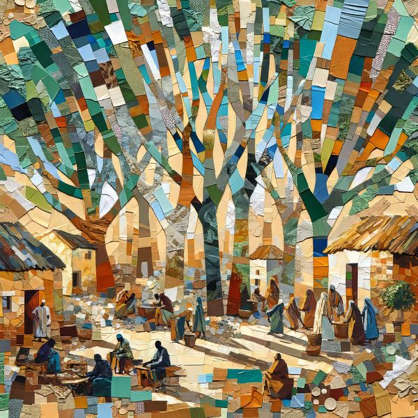 Collage happy African village life in the shade by Lois Diallo