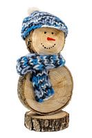 Handmade snowman from wooden discs - with crocheted cap and scarf cut out on white