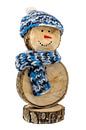 Handmade snowman from wooden discs - with crocheted cap and scarf cut out on white by Hans-Jürgen Janda thumbnail