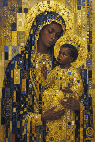 Black Madonna with Jesus painting in Gustav Klimt style.