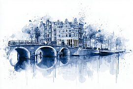 Amsterdam Canal Houses and Bridge | Watercolour in Delft Blue by Danny van Eldik